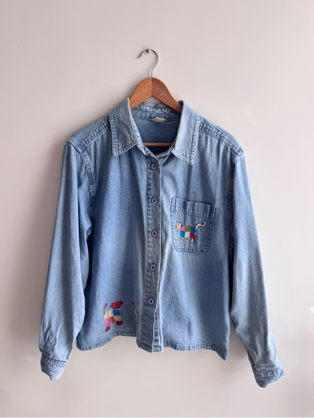 Vintage Denim Shirt with Cat Embroidery